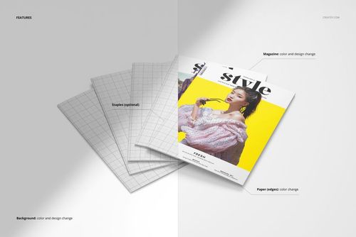 A4 magazine mockup set showing a stack of magazines with grid pattern covers and one colorful magazine on top.