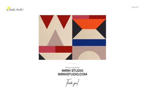 Rectangular chiffon silk scarf mockup featuring bold geometric patterns in red, blue, black, and beige tones.