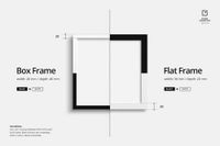 Mockup displaying box and flat frame styles, both in black and white, with measurements indicated on a white backdrop.