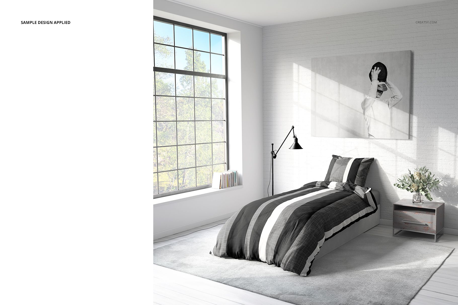 Mockup of a single bed featuring monochrome striped bedding, bedside table, and wall art in a minimalist bedroom.