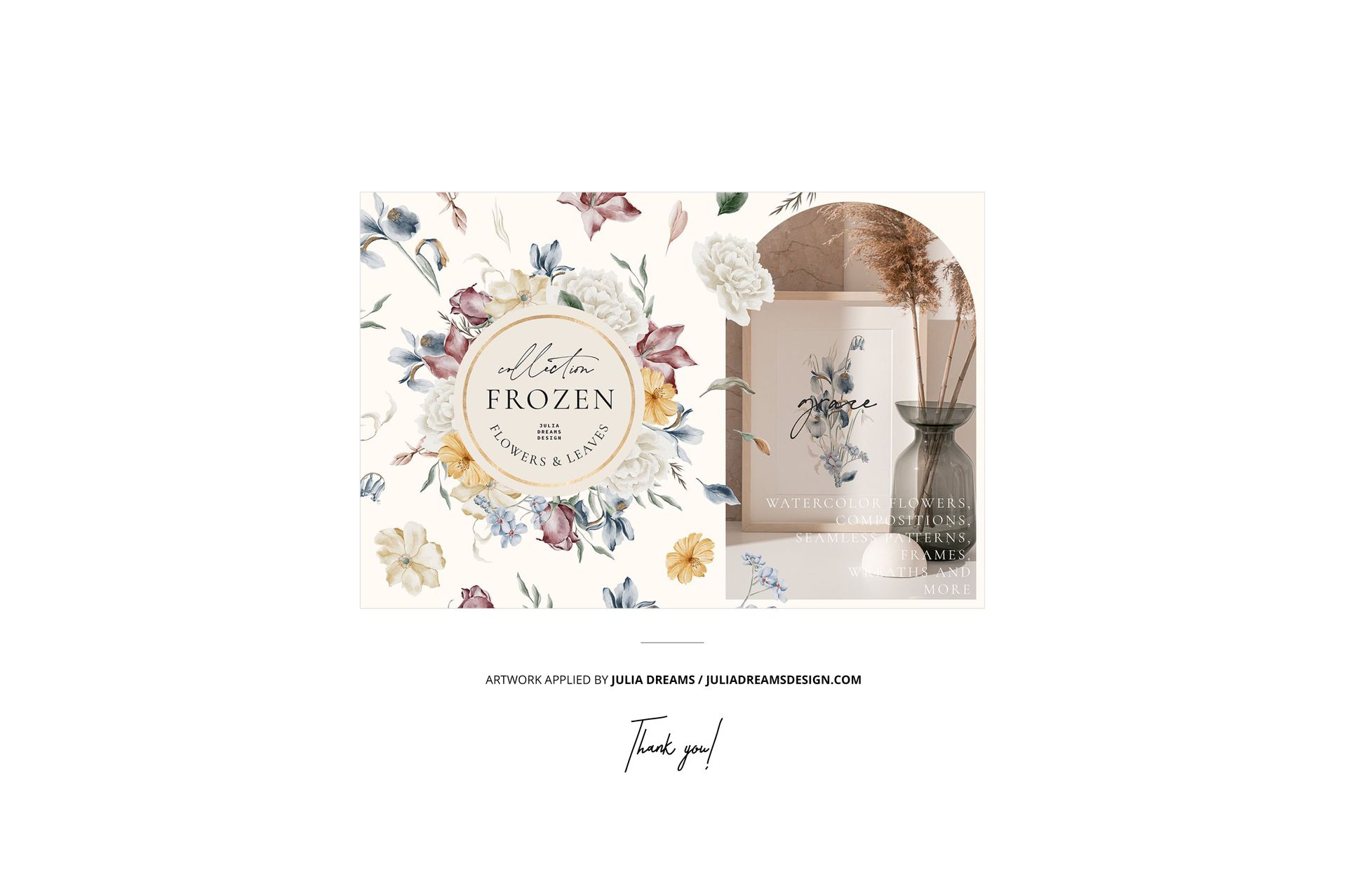 Fabric stack and roll mockup showing floral designs and neutral tones, presented with a vase and dried flowers.