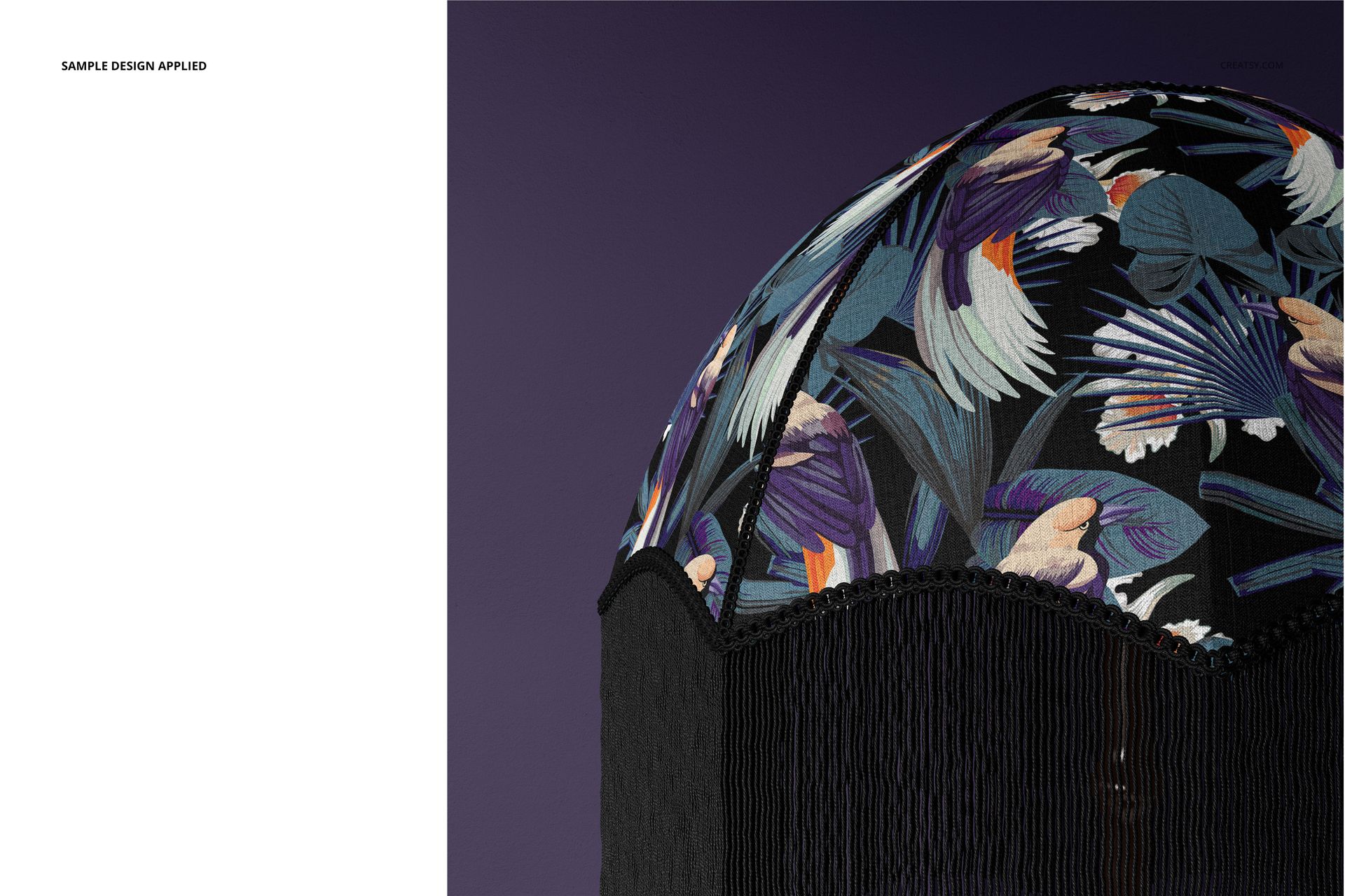 Vintage velvet table lamp mockup showing a rounded shade with multicolored botanical design and black fringe detail.