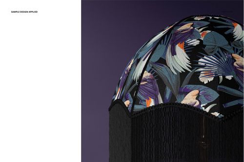 Vintage velvet table lamp mockup showing a rounded shade with multicolored botanical design and black fringe detail.