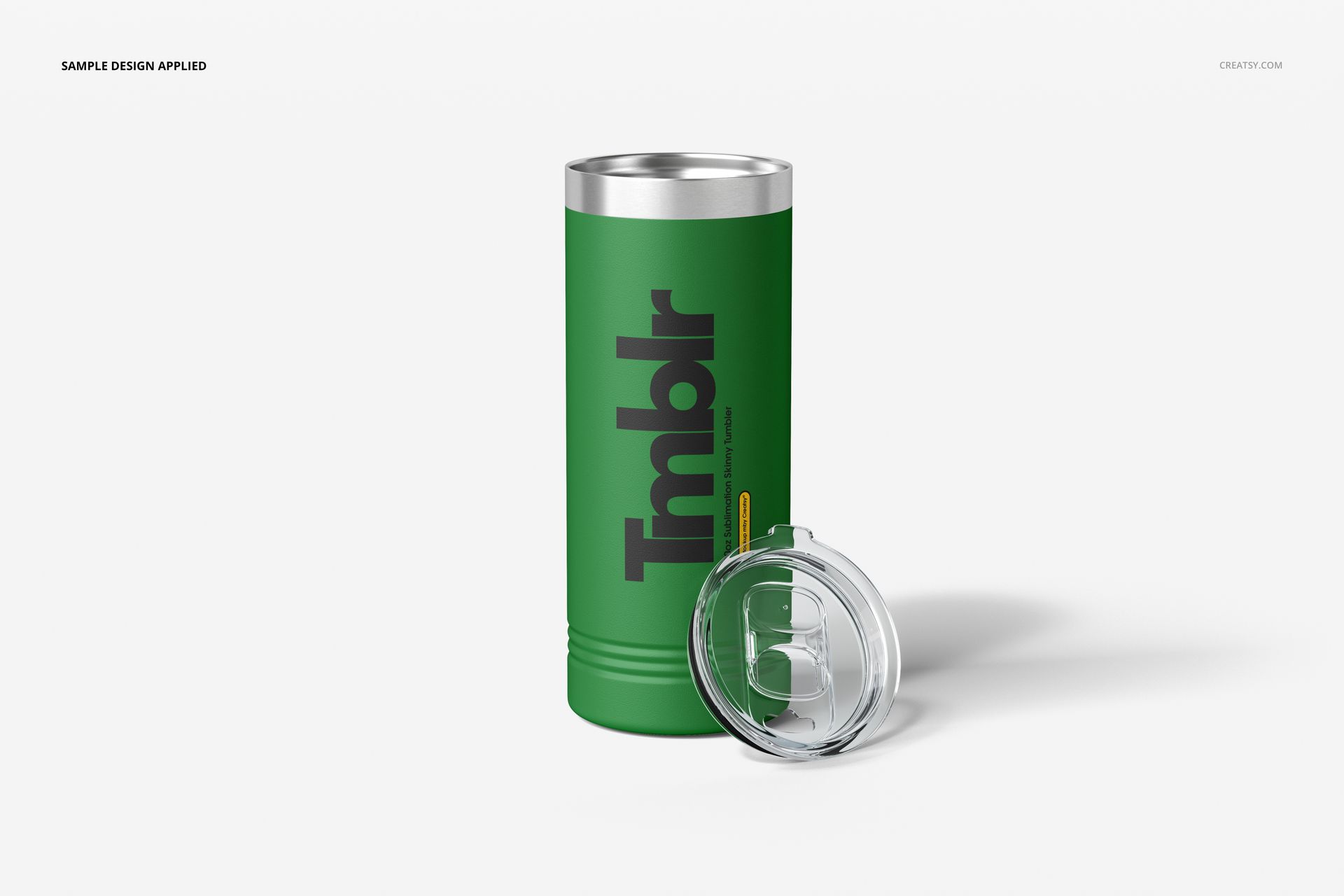 22oz powder coated tumbler mockup in green with clear lid, displayed upright with minimalist black lettering.