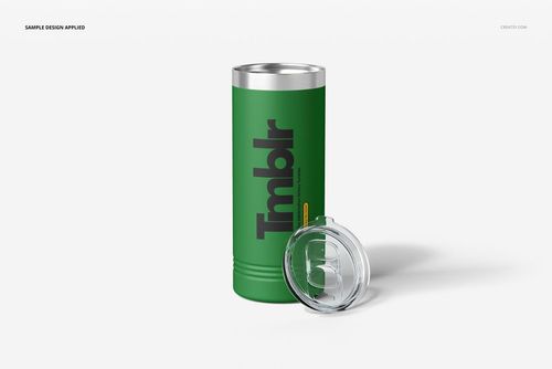 22oz powder coated tumbler mockup in green with clear lid, displayed upright with minimalist black lettering.