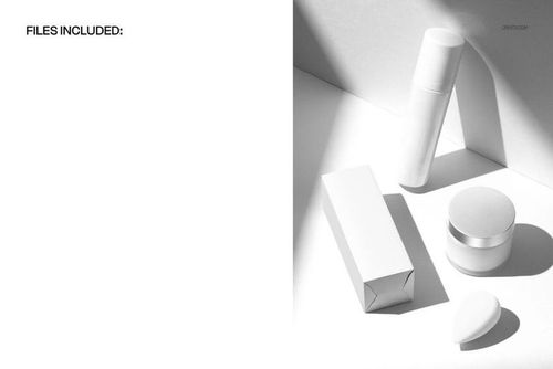 Front view of a cosmetic packaging set mockup with a bottle, cream jar, product box, and sponge in a minimal white studio scene.