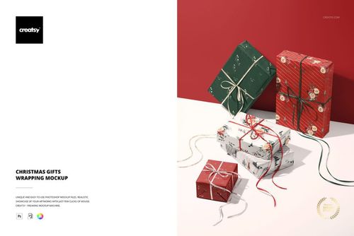 Christmas gifts mockup showing wrapped boxes in holiday patterns and colors, viewed from above with shadows and ribbons.