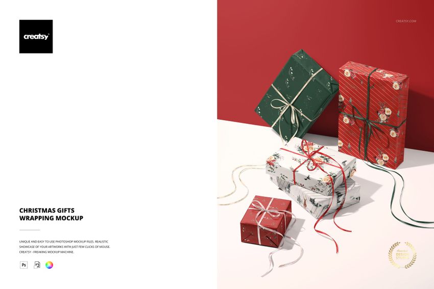 Christmas gifts mockup showing wrapped boxes in holiday patterns and colors, viewed from above with shadows and ribbons.
