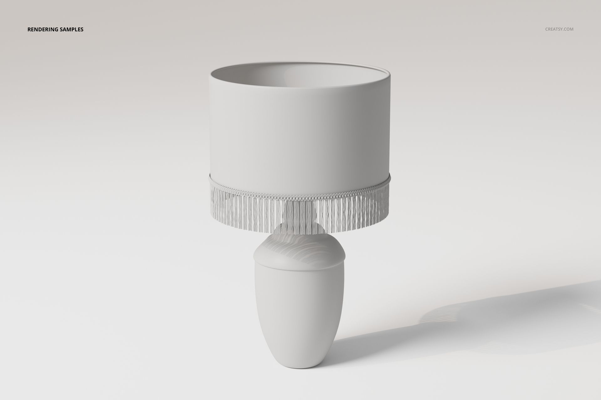 Front view of a vintage table lamp 3D model in neutral white, featuring a round shade with fringe detail.