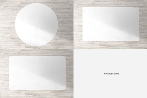 Set of kids room carpet mockups showing round and rectangular white carpets on light wood floor, top view.