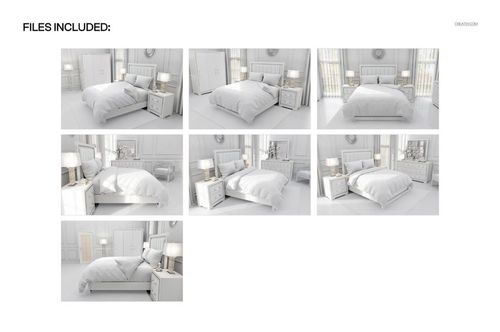 Set of luxury bedroom bedding mockup scenes showing a white duvet and pillows on a bed in a bright room.