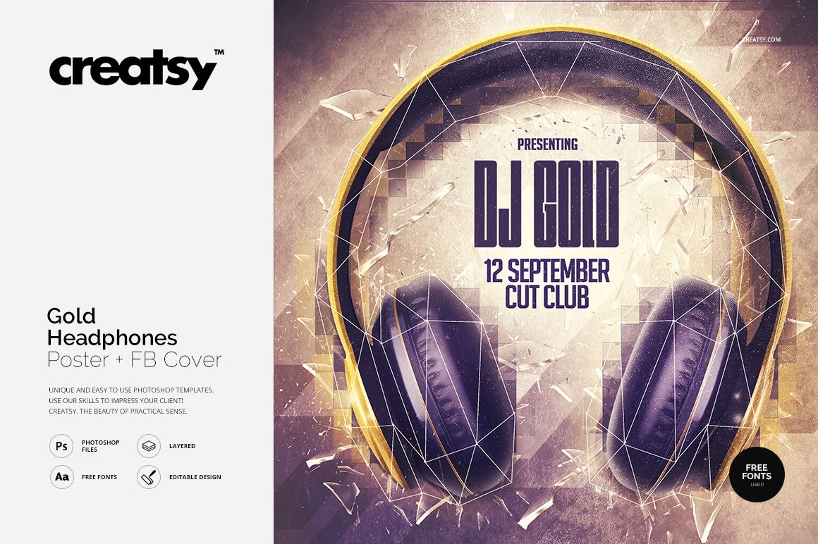 Front view of a poster mockup featuring gold headphones with geometric patterns and purple text on a dark background.