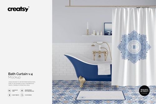 PSD mockup showing a bath curtain with a circular blue pattern, next to a vintage-style blue bathtub and geometric floor tiles.