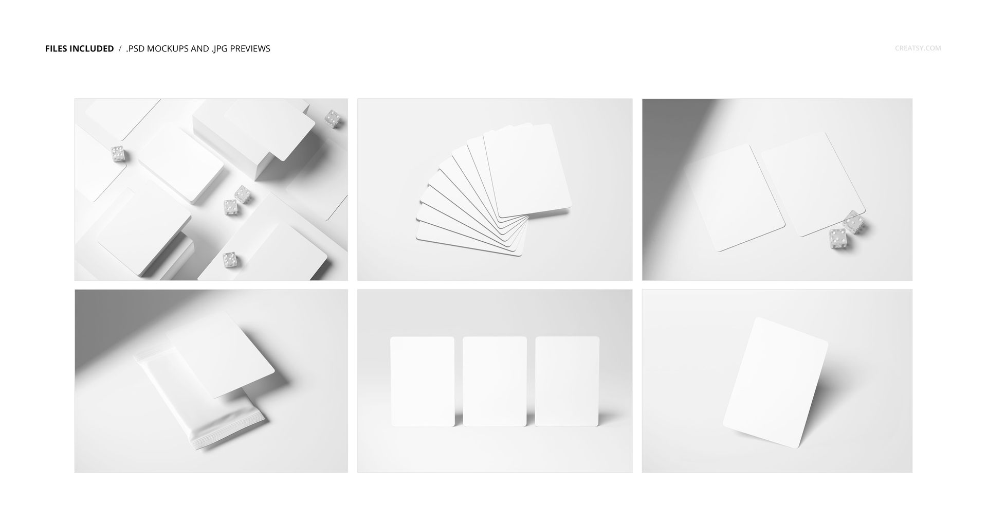 Set of blank trading cards mockup displayed in various arrangements on a white surface with soft shadows.