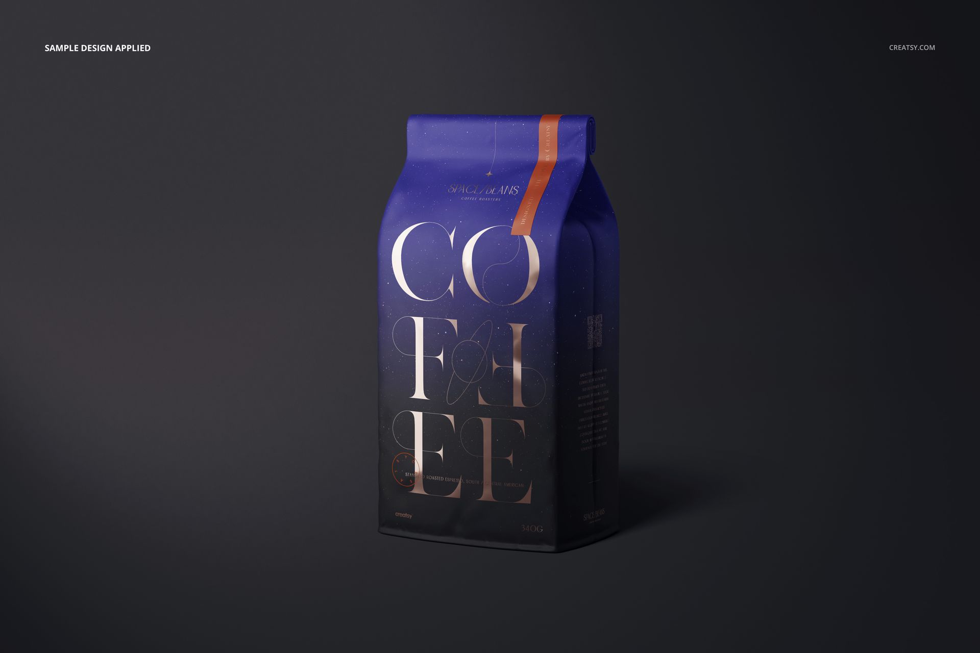 Matte finish coffee bag mockup with bold gold lettering and blue background, shown in a three-quarter front view.