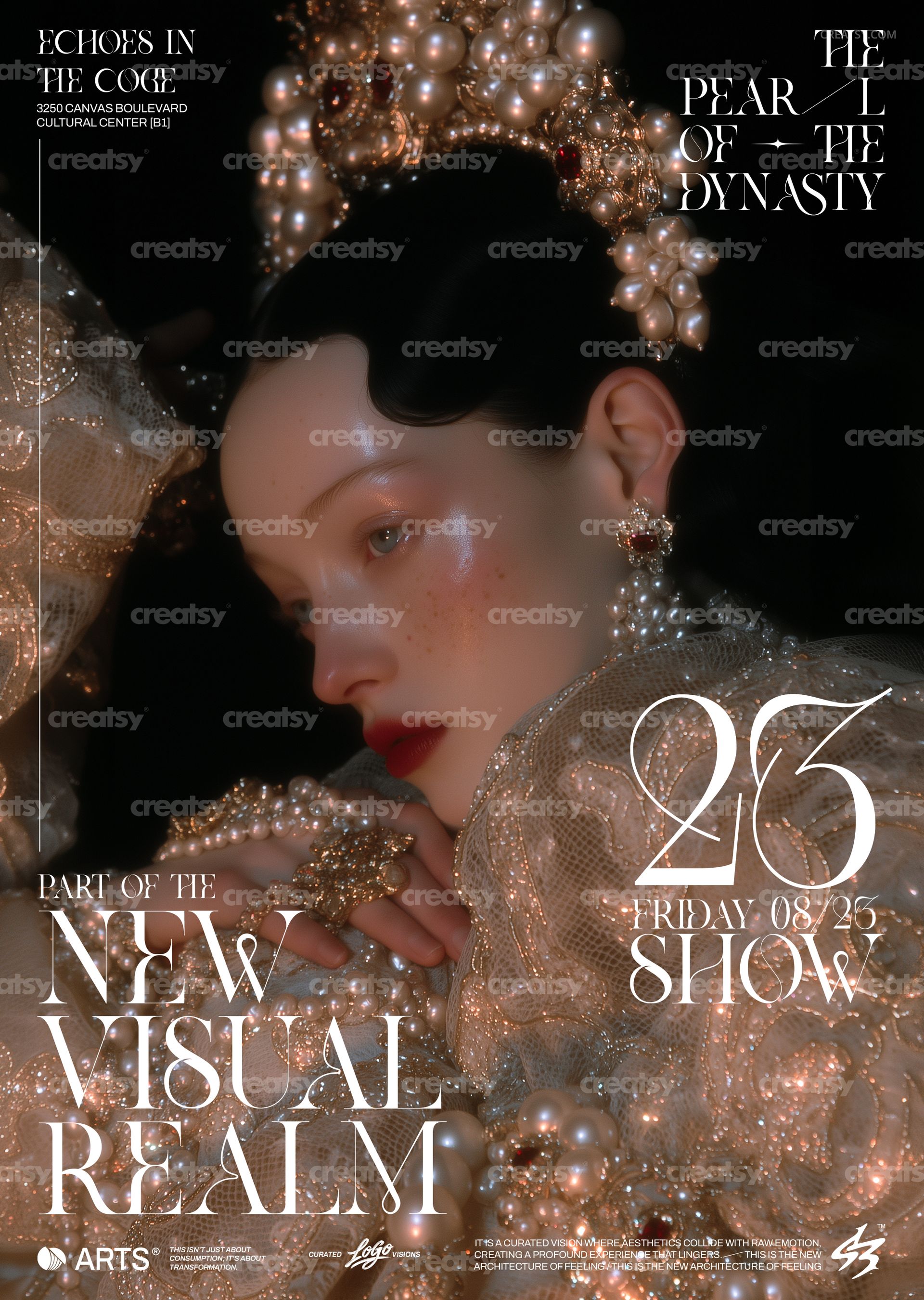 PSD mockup of a poster showing a close-up of a woman adorned with luxurious jewelry and shimmering fabric.