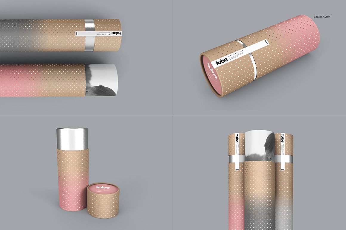 Paper tube packaging mockup set featuring cylindrical tubes with brown and pink gradient, polka dot pattern, and metallic accents.