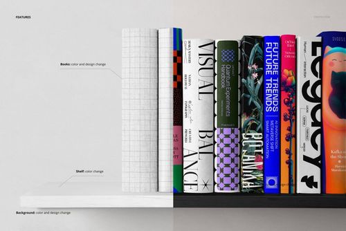 Front view of nine books with colorful and patterned spines neatly arranged on a shelf in a PSD mockup scene.