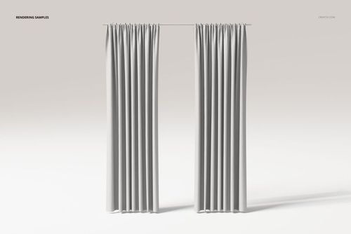 Front view of two wave pleat curtains in light gray fabric, hanging against a plain neutral background.