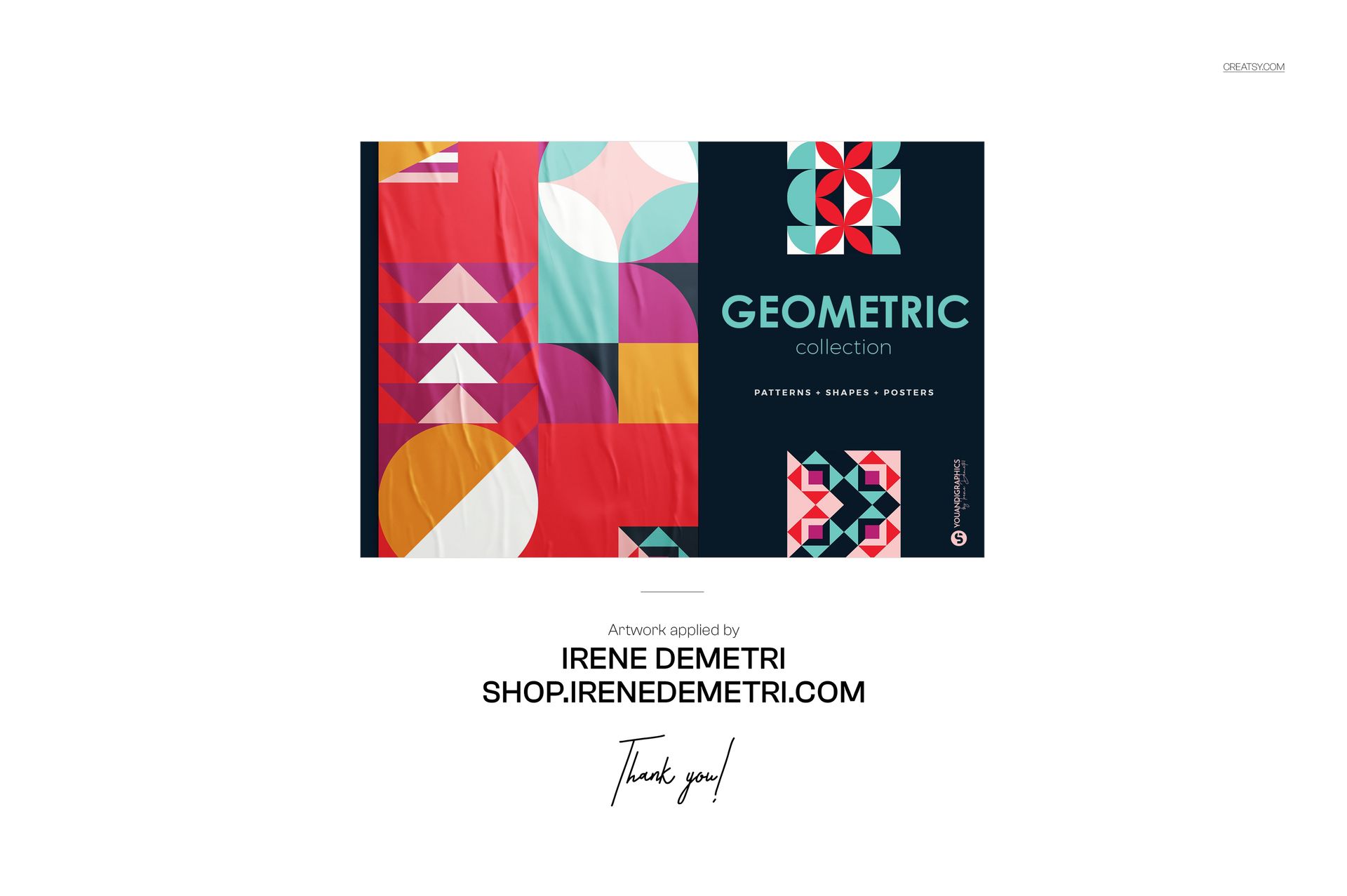 Front view of a geometric-patterned Christmas presents mockup with colorful shapes and festive ornaments.