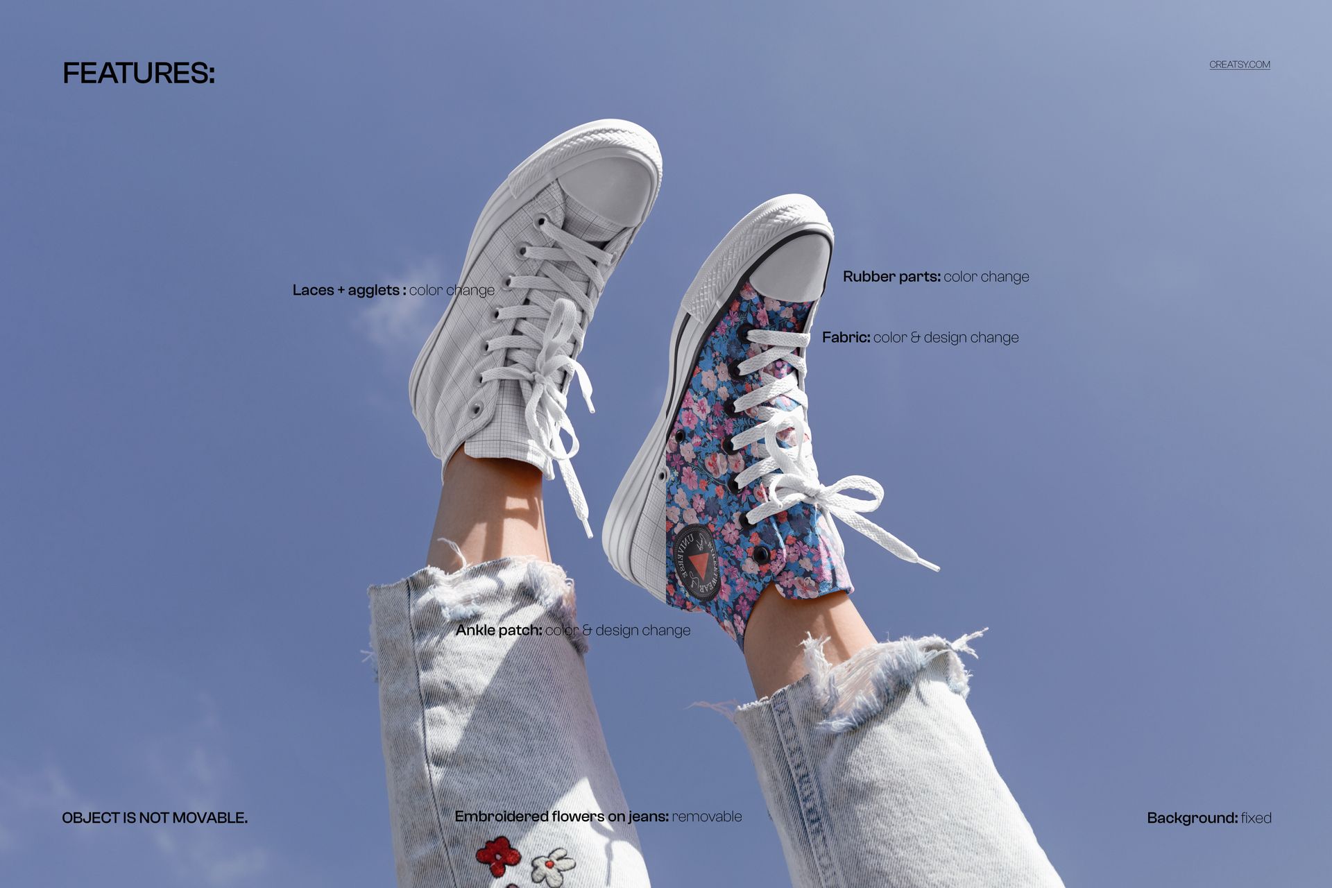 PSD mockup of high-top sneakers worn on feet, with one shoe plain white and the other featuring a vibrant flower design.