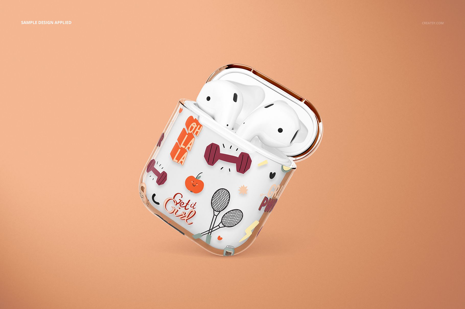 Clear AirPods case mockup with playful sports-themed illustrations, shown at an angle on a peach background.