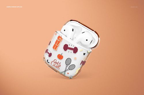 Clear AirPods case mockup with playful sports-themed illustrations, shown at an angle on a peach background.