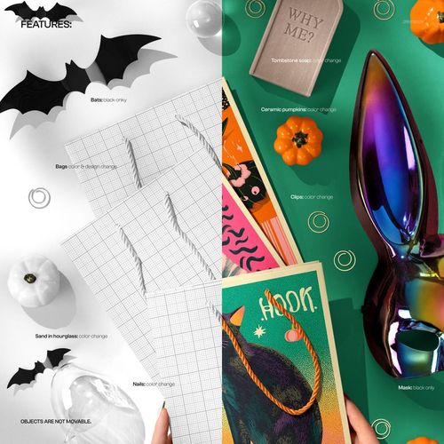 Halloween paper gift bag mockup shown from a top view, surrounded by bats, pumpkins, and festive props on a split background.