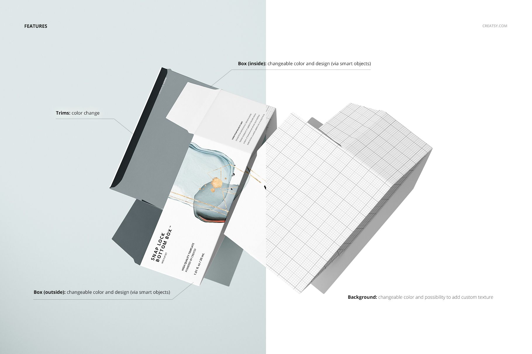 Snap lock bottom box mockup displayed in an open position, featuring editable grid and abstract artwork, split background.