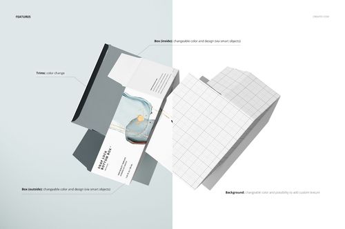 Snap lock bottom box mockup displayed in an open position, featuring editable grid and abstract artwork, split background.