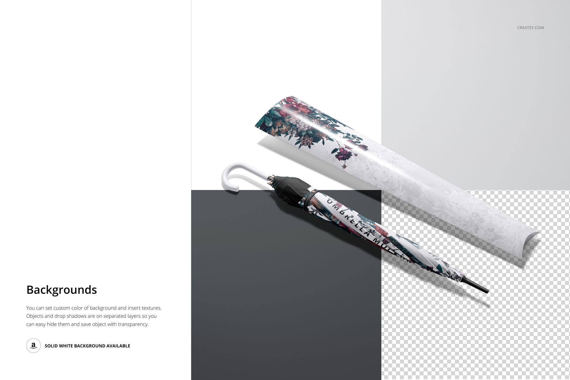 Umbrella and packaging tube mockup displayed on a divided background, featuring a floral design and white accents.