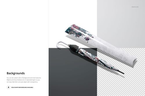 Umbrella and packaging tube mockup displayed on a divided background, featuring a floral design and white accents.