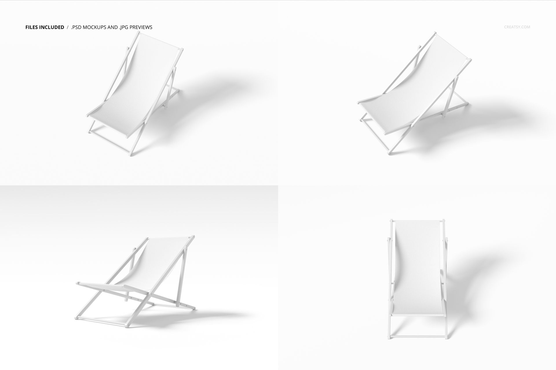 Set of folding deck chair mockups displayed from various perspectives, featuring a clean white canvas and frame.