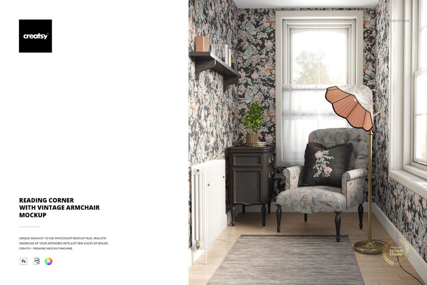 Front view of a reading nook featuring a vintage armchair, fluted lampshade, and floral wallpaper mockup.