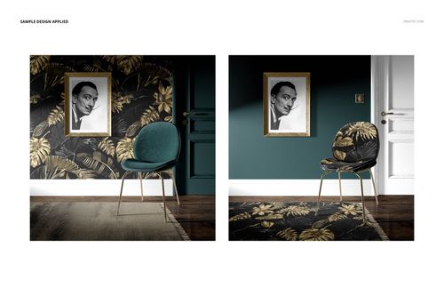 Interior scene mockup featuring two views of a modern room with dark floral wallpaper, framed art, and chairs.