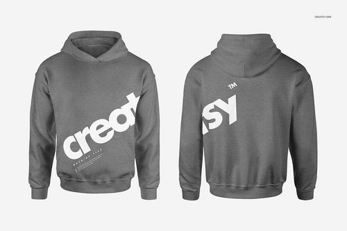 Men's hoodie mockup in gray, shown from the front and back, with large white lettering across the chest and back.