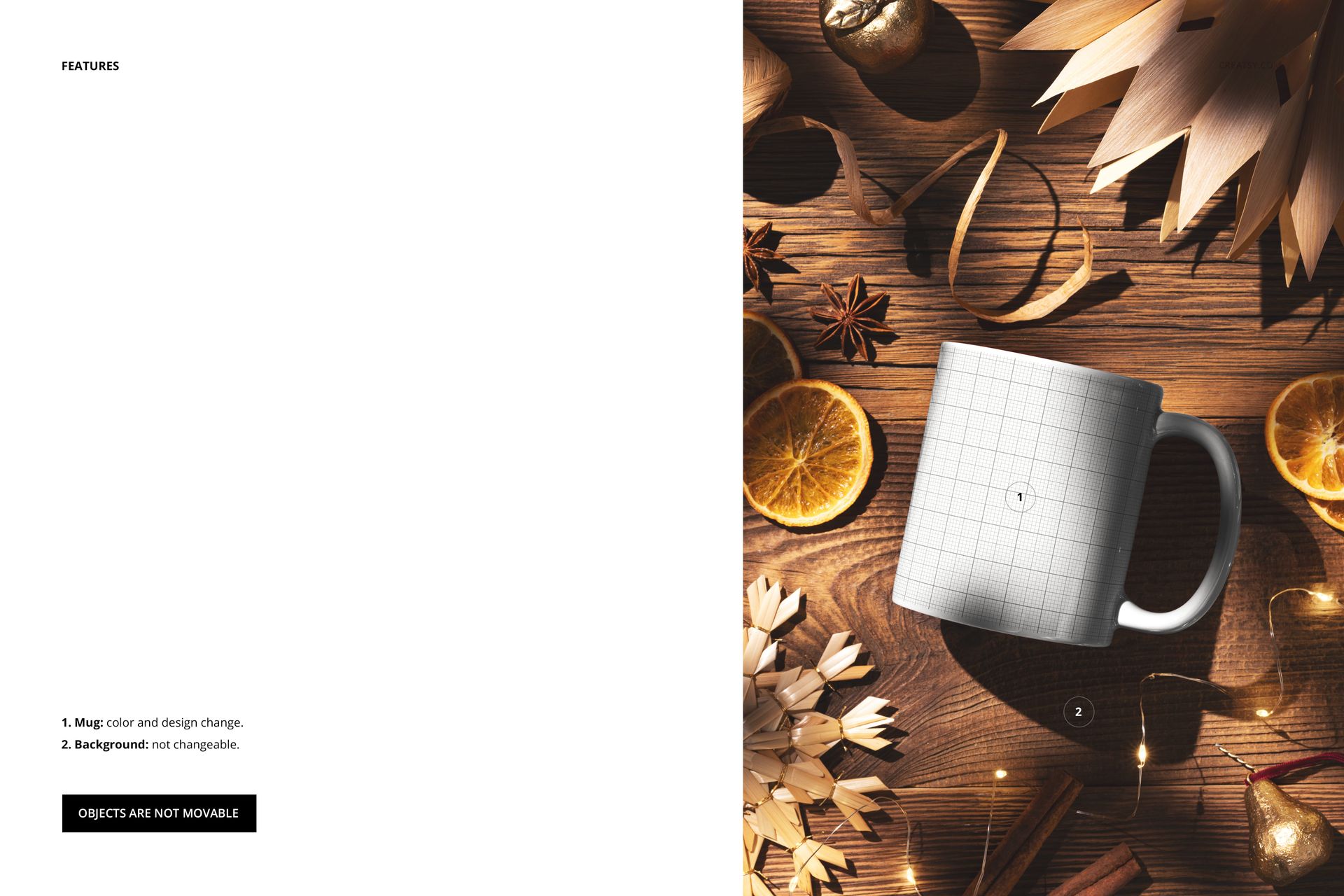 White ceramic mug mockup on a wooden kitchen countertop, surrounded by dried orange slices and Christmas ornaments, top view.