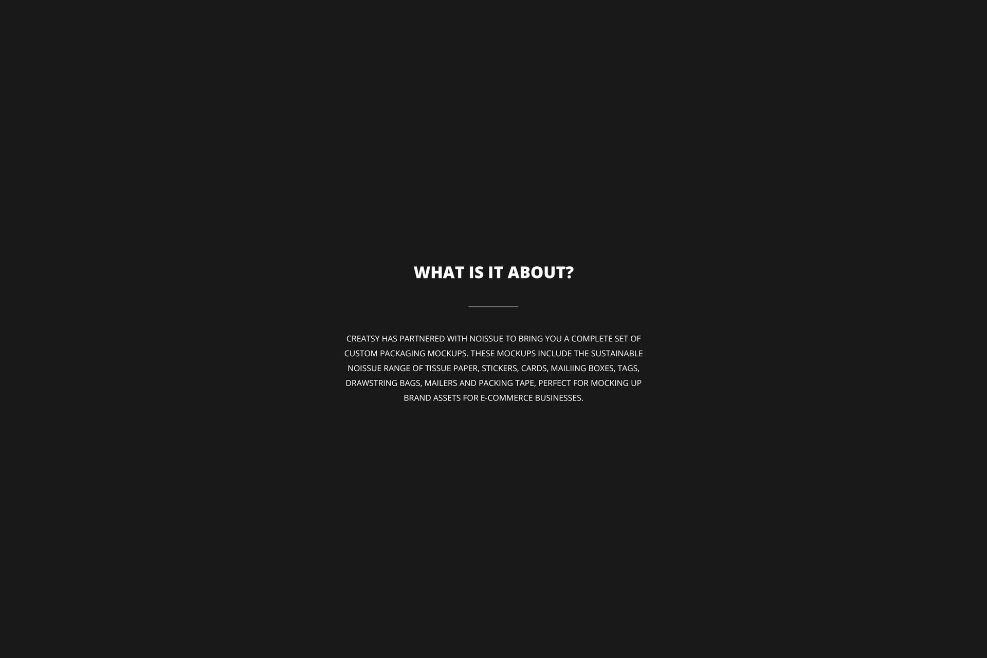 Centered white text on a solid black background describing the Noissue Mailing Box mockup set, viewed from the front.