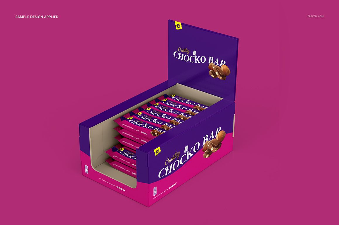 Open chocolate bar box mockup with several individually wrapped bars, purple and pink packaging, front angled view.