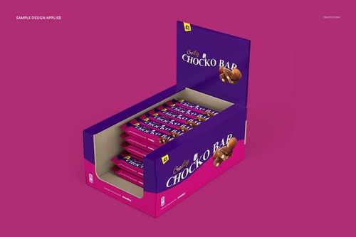 Open chocolate bar box mockup with several individually wrapped bars, purple and pink packaging, front angled view.