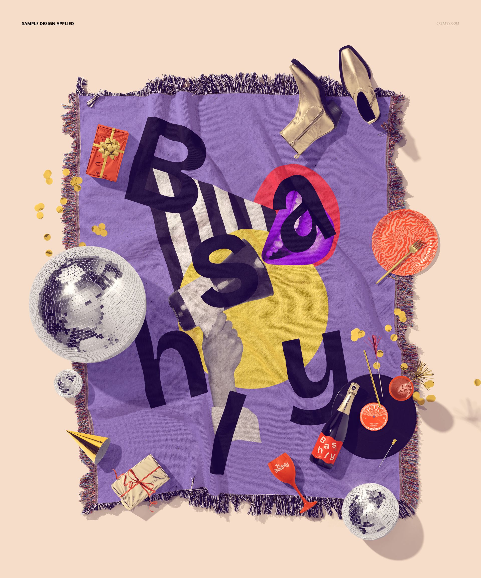 Jacquard woven blanket mockup with a purple background, bold abstract letters, and party disco props on top view.