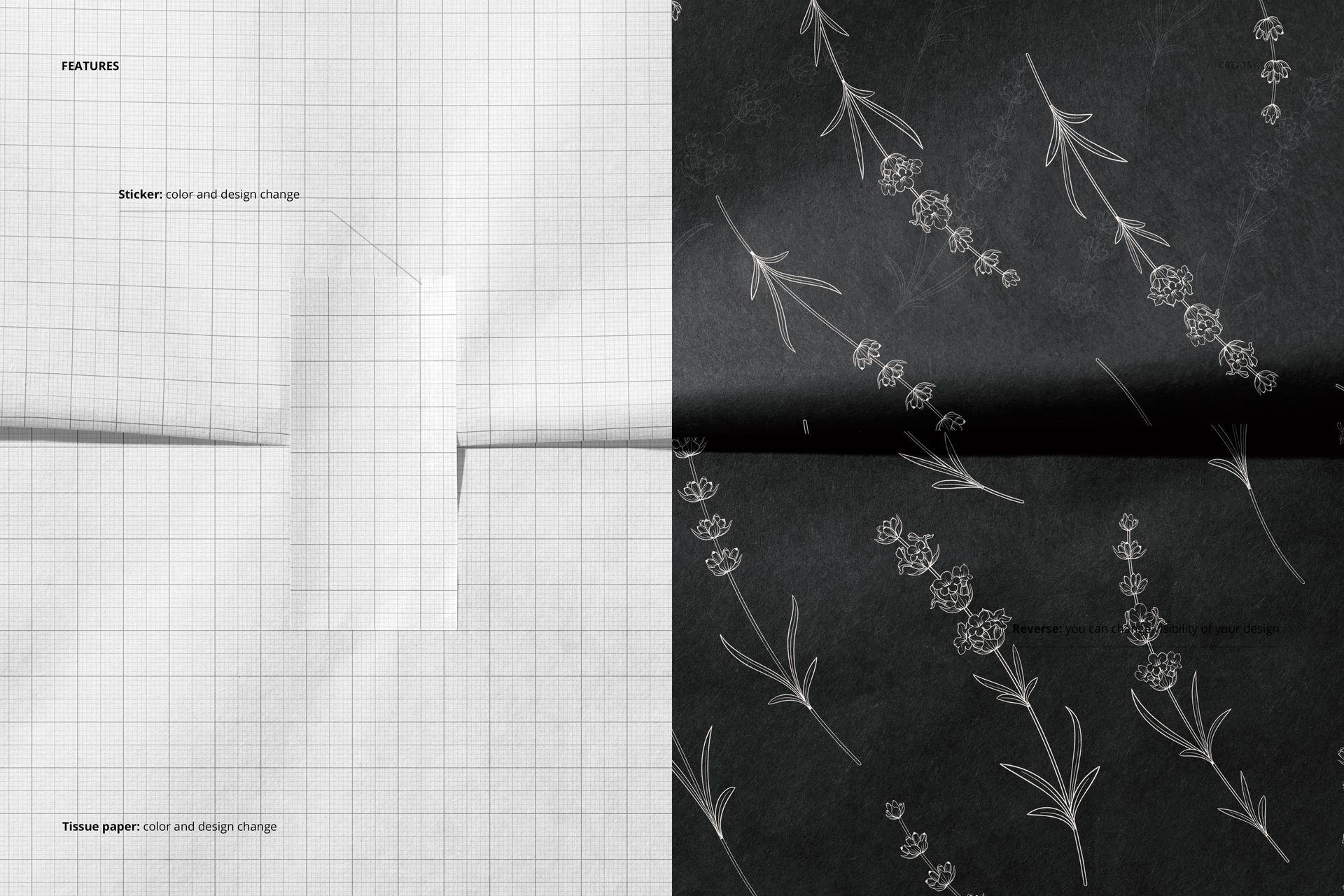 Wrapping paper mockup featuring a folded sheet with a sticker, shown in split view with grid and floral pattern.