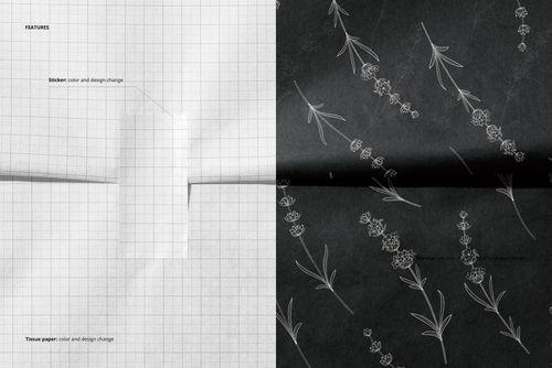 Wrapping paper mockup featuring a folded sheet with a sticker, shown in split view with grid and floral pattern.