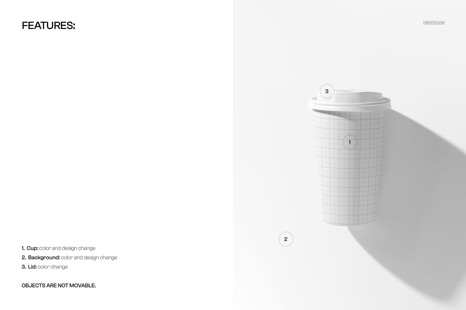 PSD mockup showing a paper coffee cup with a lid from above, grid design on the cup, soft shadows on a white surface.