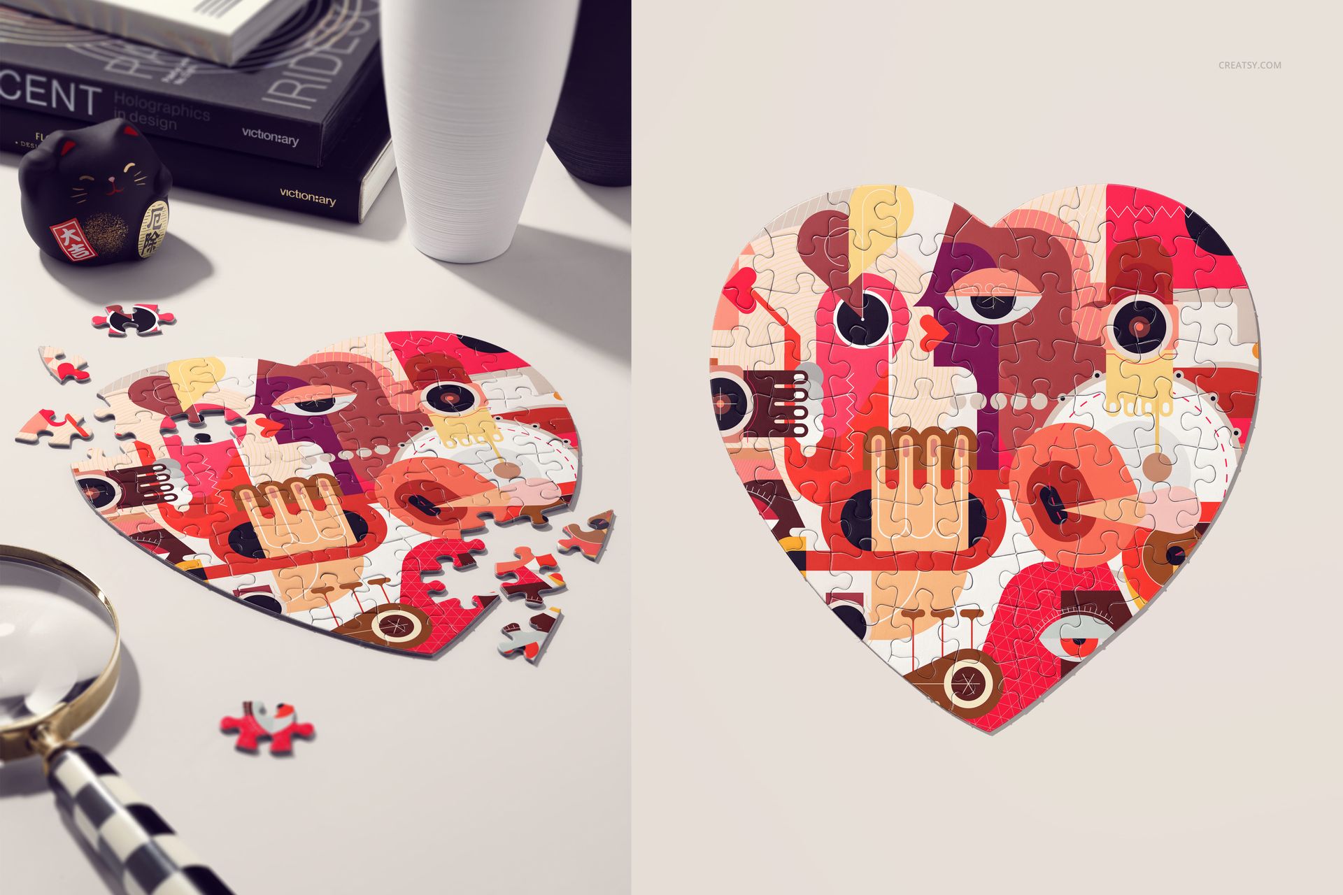 Heart puzzle mockup featuring bold abstract patterns in shades of red, pink, and beige, displayed from a top view.