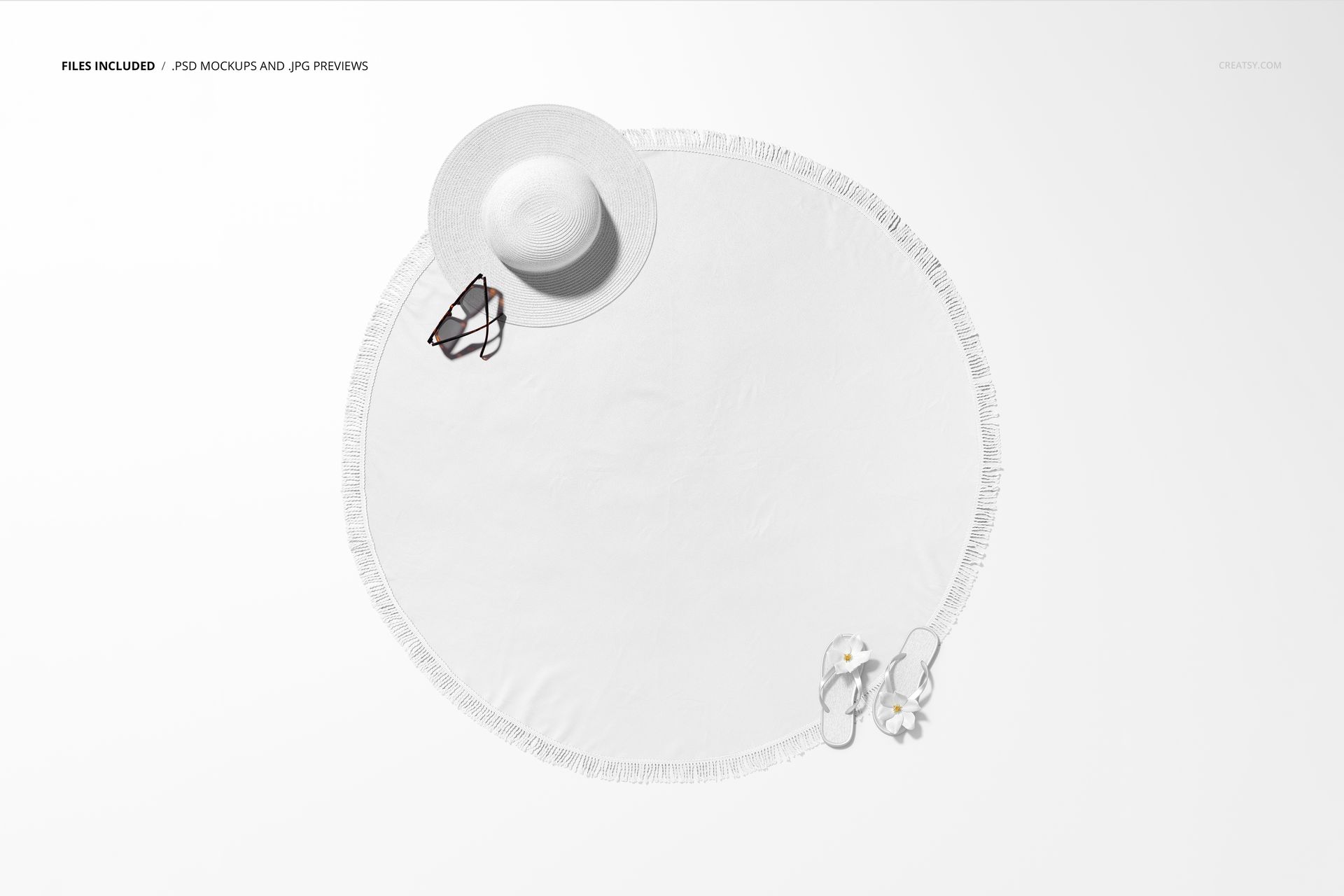 Tassel fringe round beach towel mockup shown from above, featuring a plain white design with summer accessories.