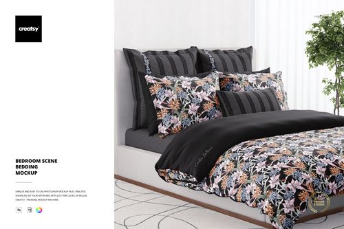 Luxurious bedding mockup with striped pillows and floral-patterned duvet cover, displayed in a contemporary bedroom.