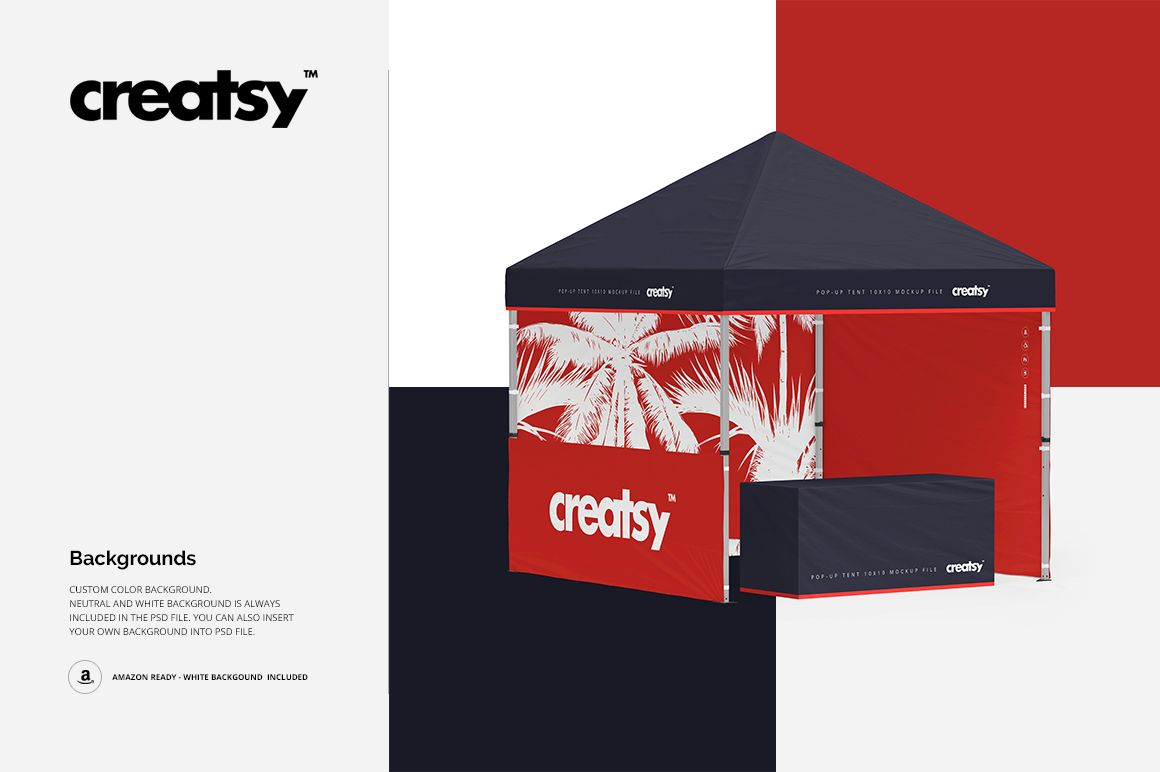 10x10 pop-up tent mockup with navy and red panels, white palm tree design, and rectangular table in front view.