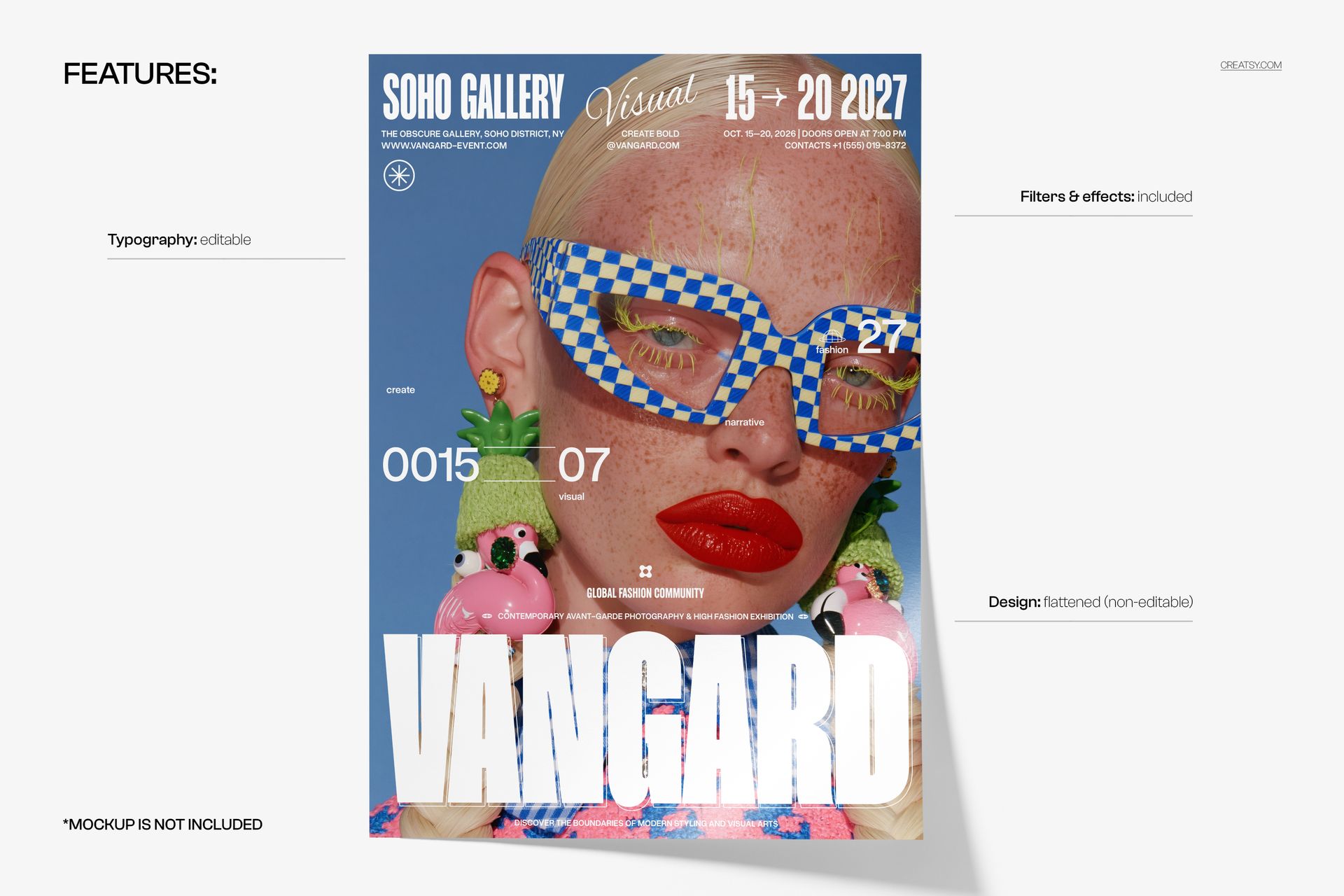 Front view of a poster mockup featuring a stylized portrait with blue checkered glasses and bold text elements.