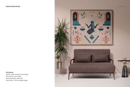 Jacquard throw blanket mockup featuring colorful abstract design, displayed above a sofa with plants and side table.